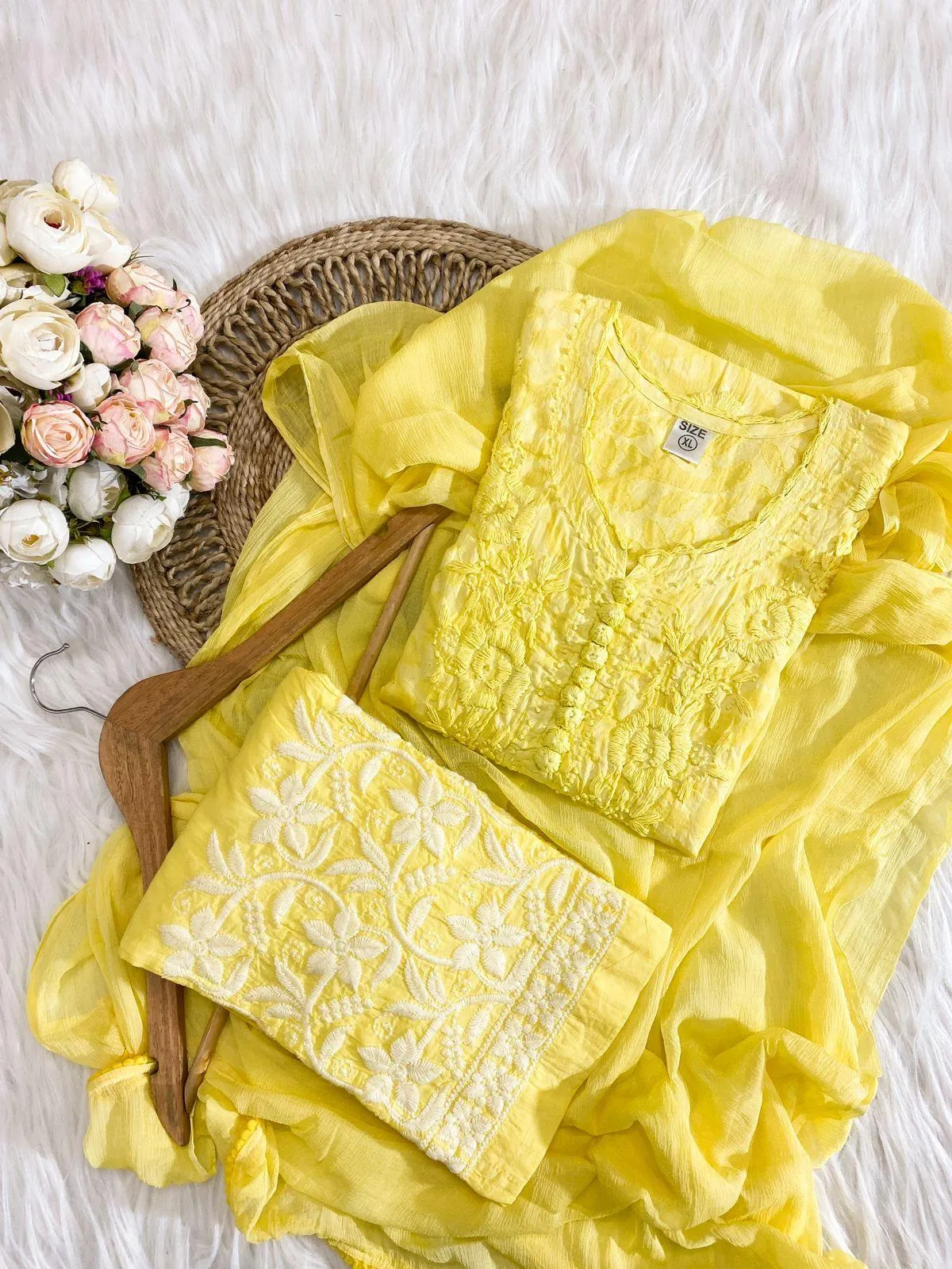 Yellow Color Aurora Breeze Brasso Chikankari Cotton Ensemble 3 Pc Set