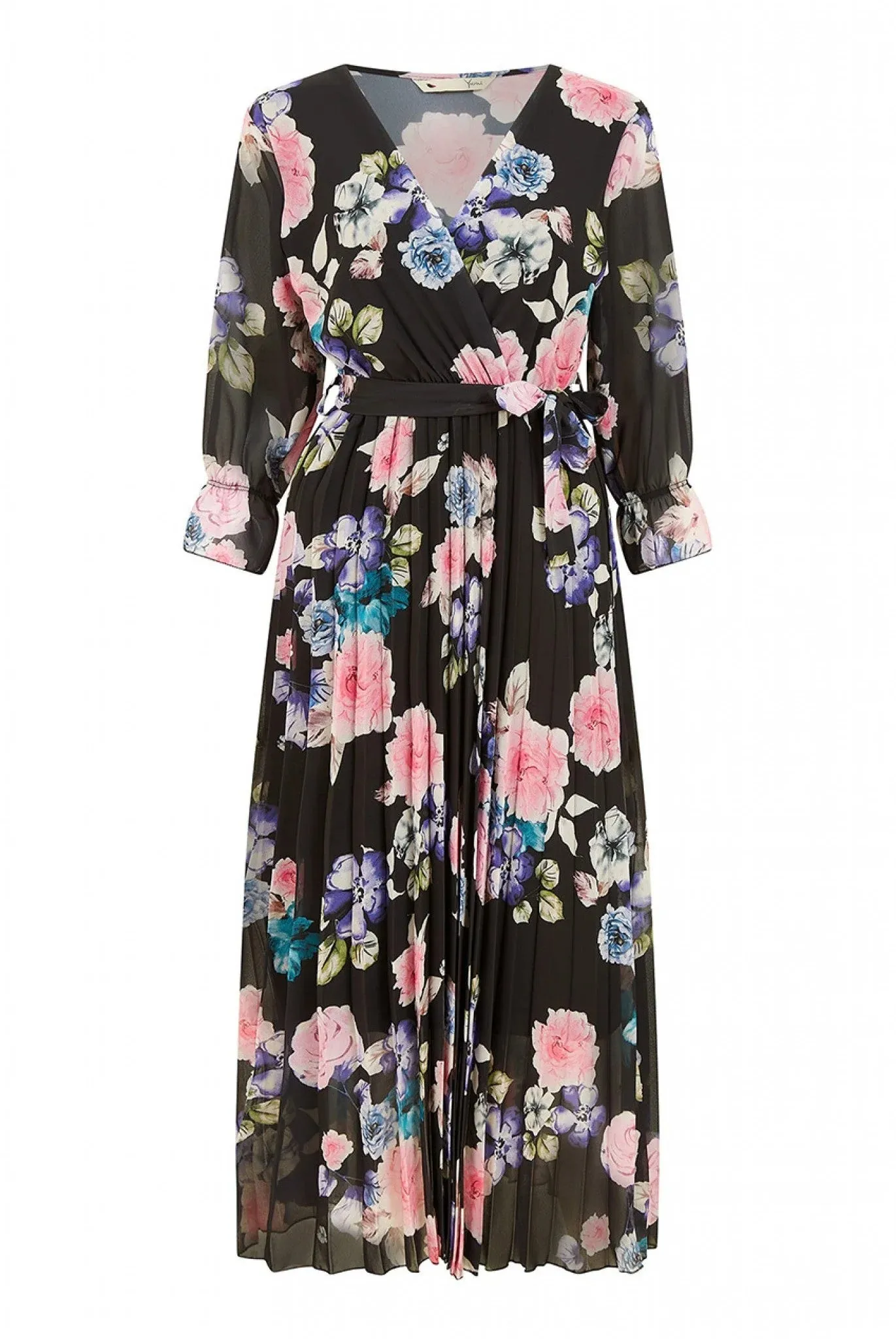 Yumi Black Floral Pleated Wrap Midi Dress